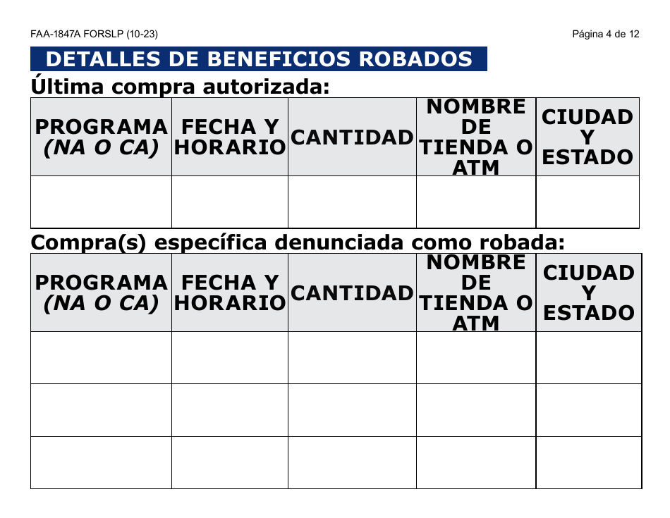 Formulario FAA-1847A-SLP Solicitud De Reemplazo Por Robo De Beneficios Electronicos (Letra Grande) - Arizona (Spanish), Page 4