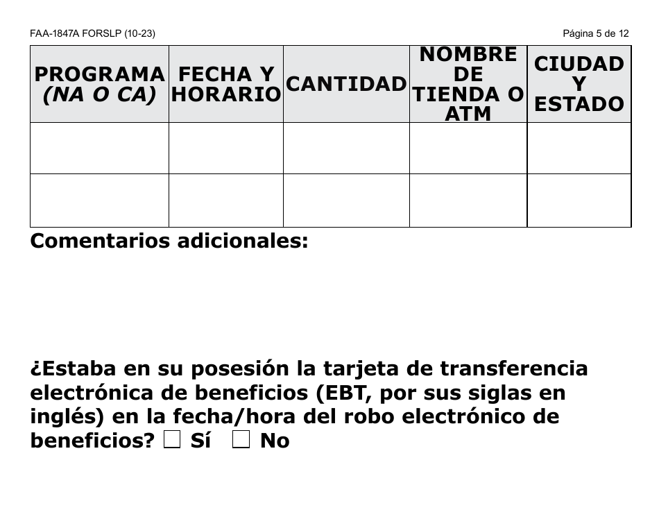Formulario FAA-1847A-SLP Solicitud De Reemplazo Por Robo De Beneficios Electronicos (Letra Grande) - Arizona (Spanish), Page 5