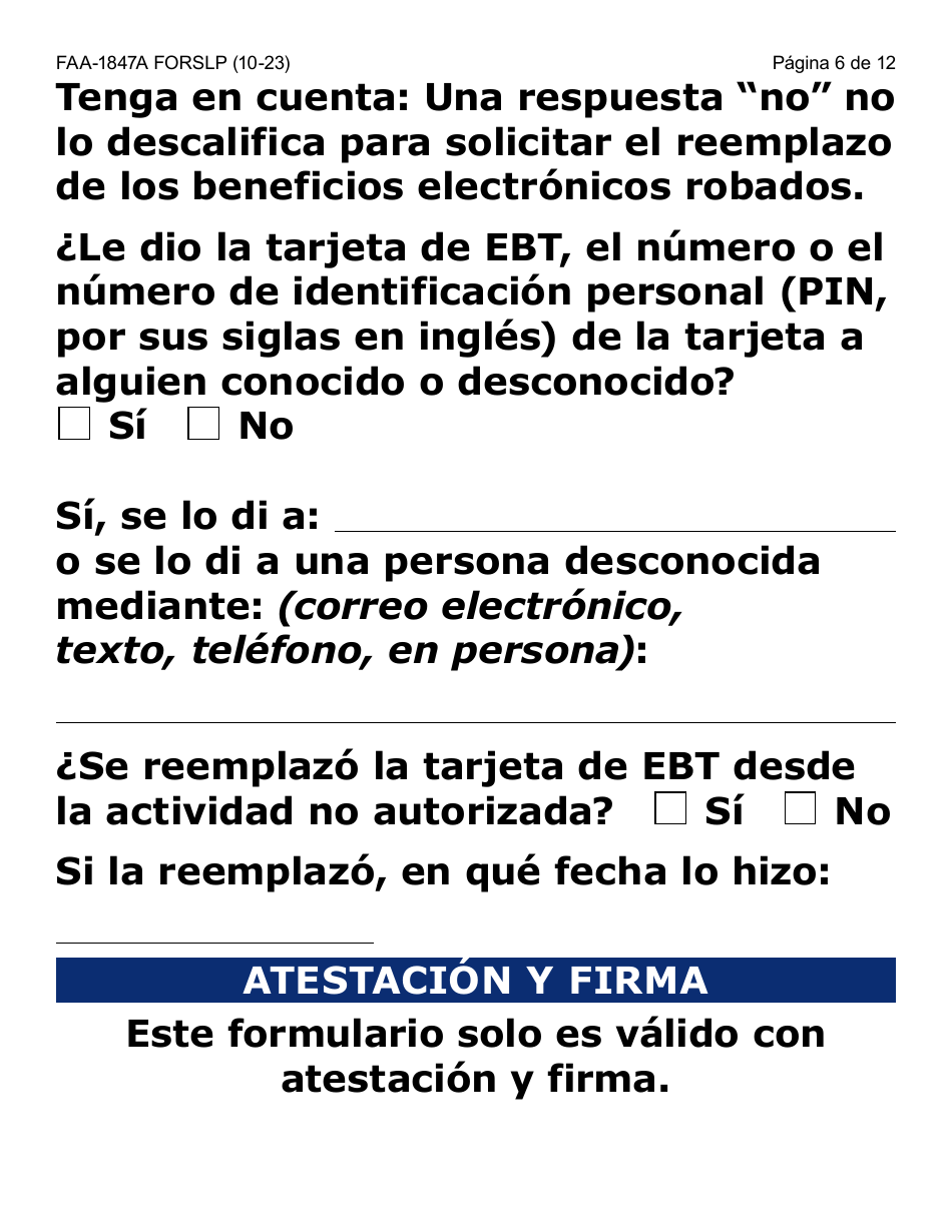 Formulario FAA-1847A-SLP Solicitud De Reemplazo Por Robo De Beneficios Electronicos (Letra Grande) - Arizona (Spanish), Page 6