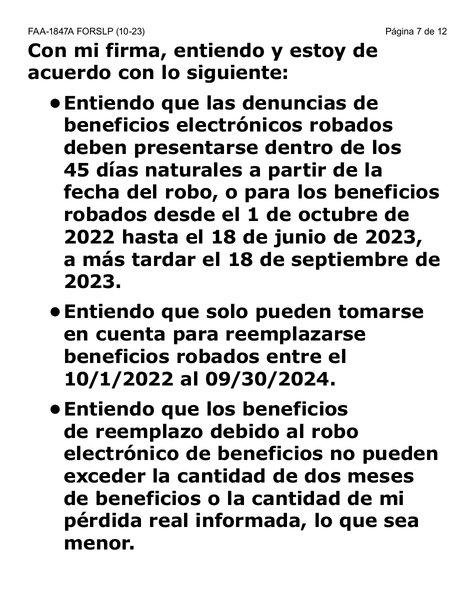 Formulario FAA-1847A-SLP Solicitud De Reemplazo Por Robo De Beneficios Electronicos (Letra Grande) - Arizona (Spanish), Page 7