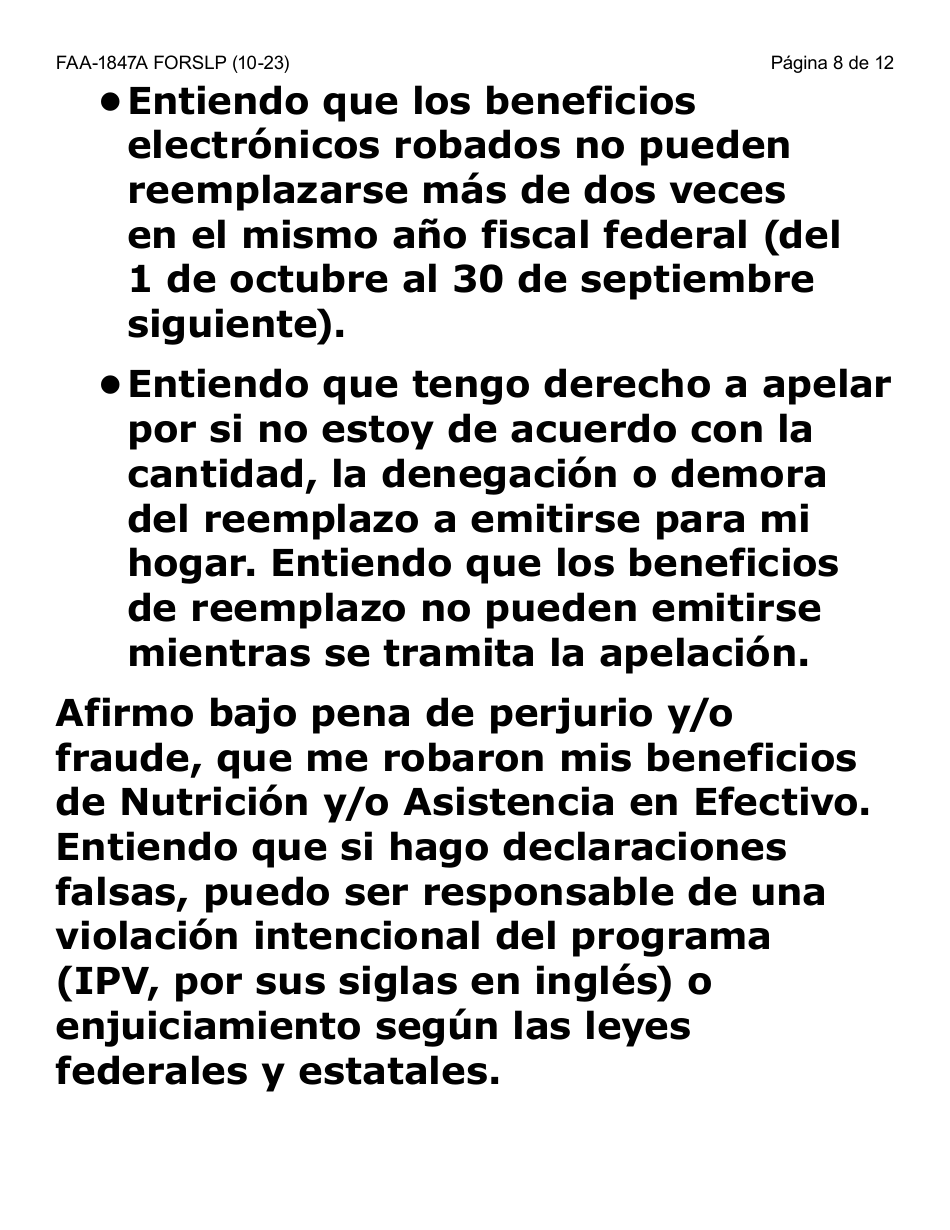 Formulario FAA-1847A-SLP Solicitud De Reemplazo Por Robo De Beneficios Electronicos (Letra Grande) - Arizona (Spanish), Page 8