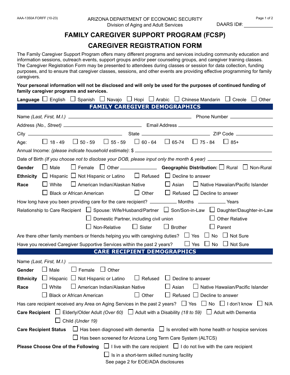Form AAA1350A Download Fillable PDF or Fill Online Caregiver