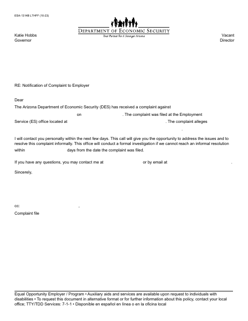 Form ESA-1314B Notification of Complaint to Employer - Arizona