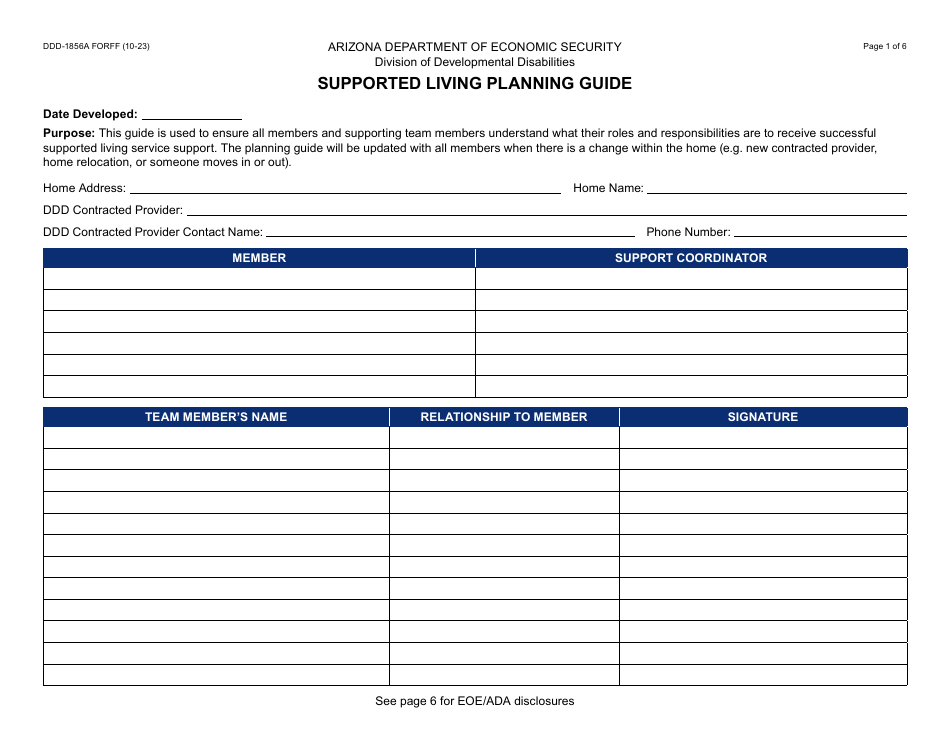 Form DDD-1856A Supported Living Planning Guide - Arizona, Page 1