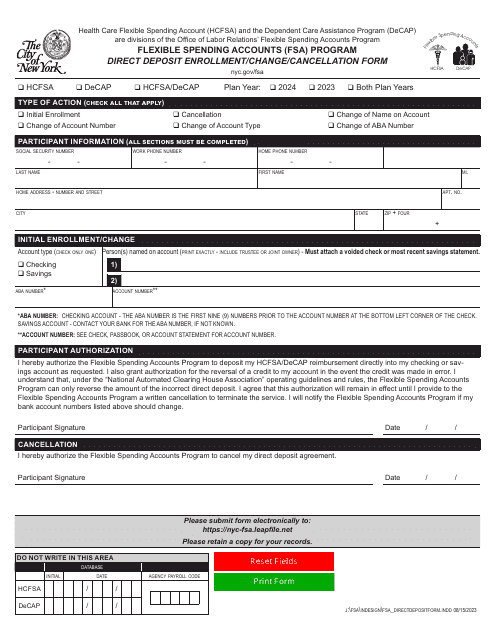 Direct Deposit Enrollment/Change/Cancellation Form - Flexible Spending Accounts (FSA) Program - New York City, 2024