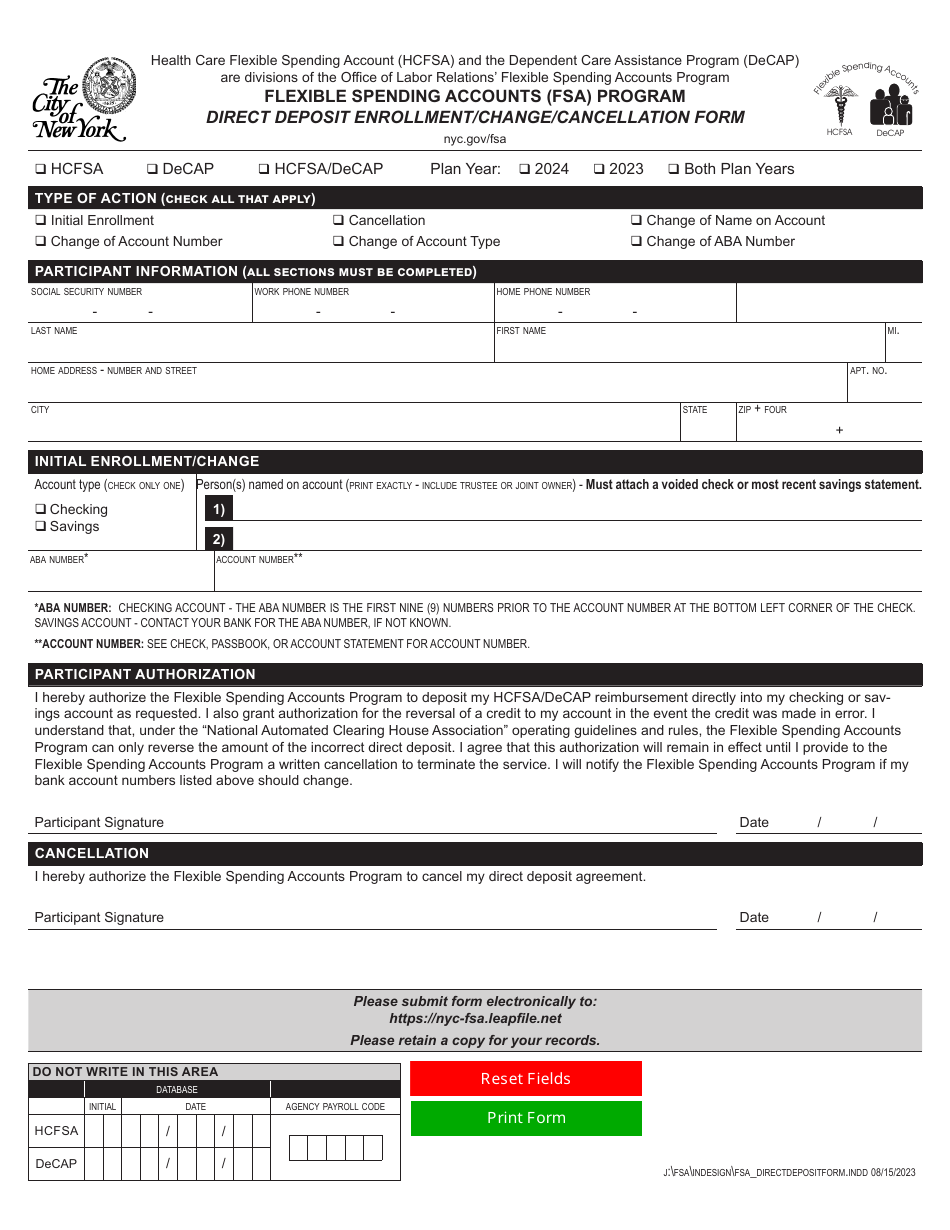 Direct Deposit Enrollment / Change / Cancellation Form - Flexible Spending Accounts (FSA) Program - New York City, Page 1