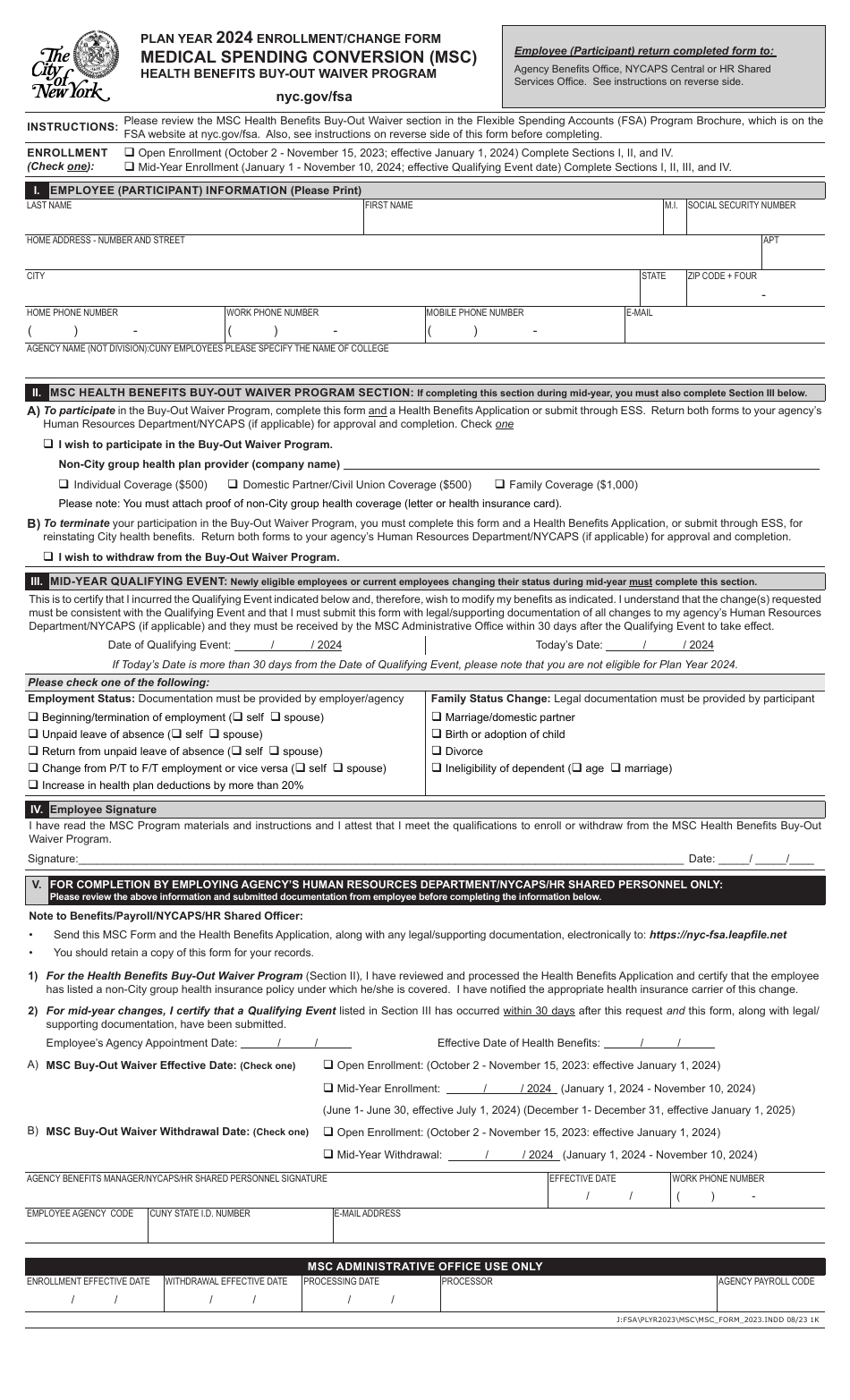 Enrollment / Change Form - Medical Spending Conversion (Msc) Health Benefits Buy-Out Waiver Program - New York City, Page 1