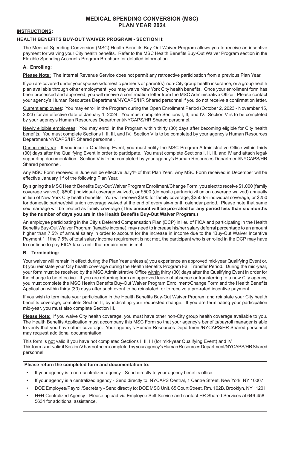 Enrollment / Change Form - Medical Spending Conversion (Msc) Health Benefits Buy-Out Waiver Program - New York City, Page 2