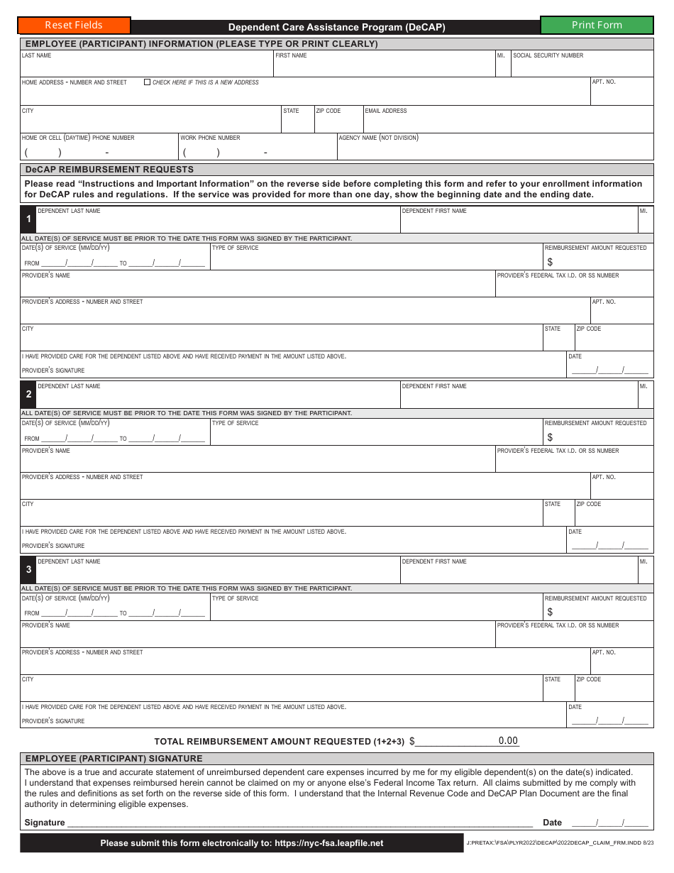Claims Form - Dependent Care Assistance Program (Decap) - New York City, Page 1