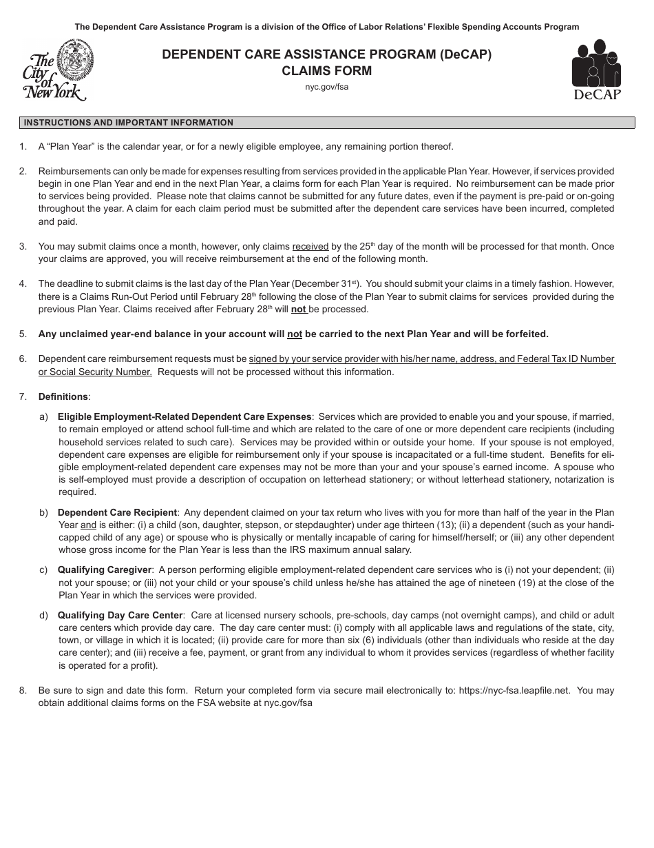 Claims Form - Dependent Care Assistance Program (Decap) - New York City, Page 2