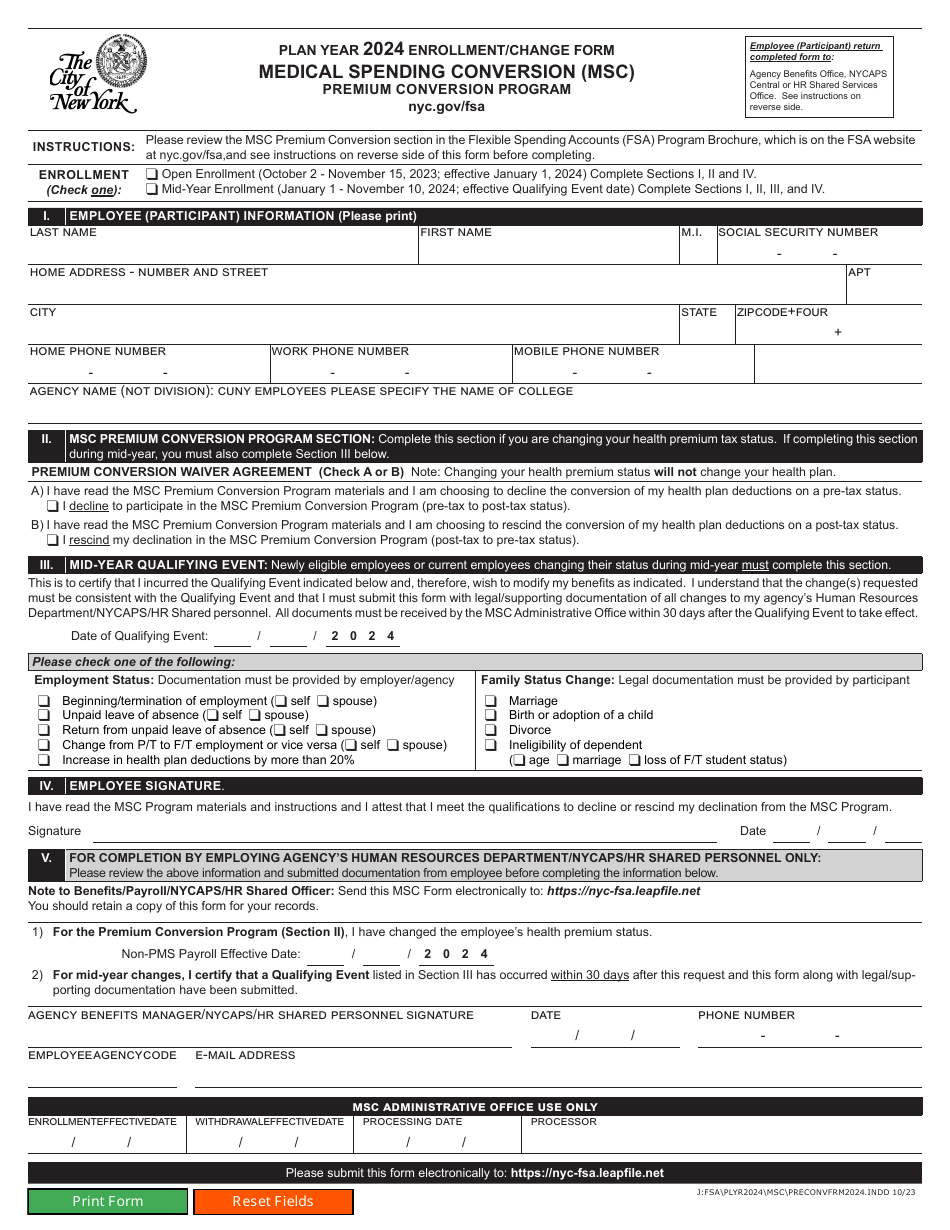 Medical Spending Conversion (Msc) Enrollment / Change Form - Premium Conversion Program - New York City, Page 1