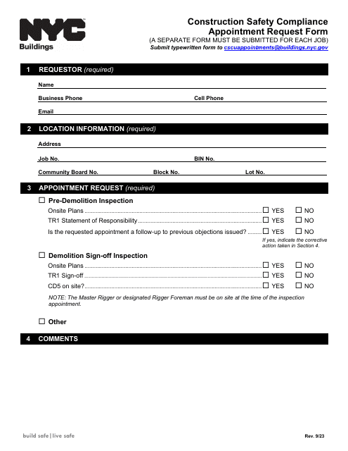 Construction Safety Compliance Appointment Request Form - New York City Download Pdf