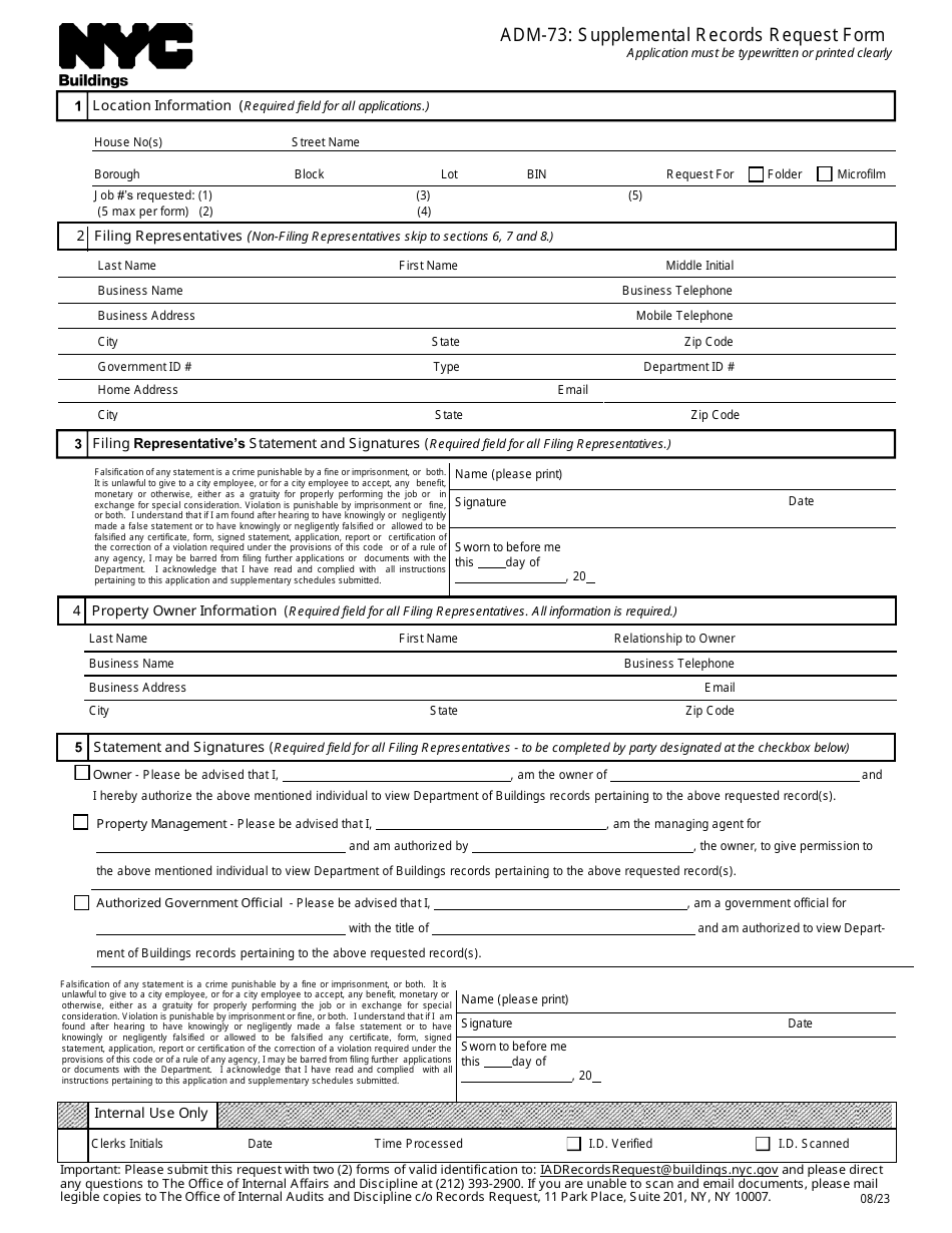 Form ADM-73 Supplemental Records Request Form - New York City, Page 1