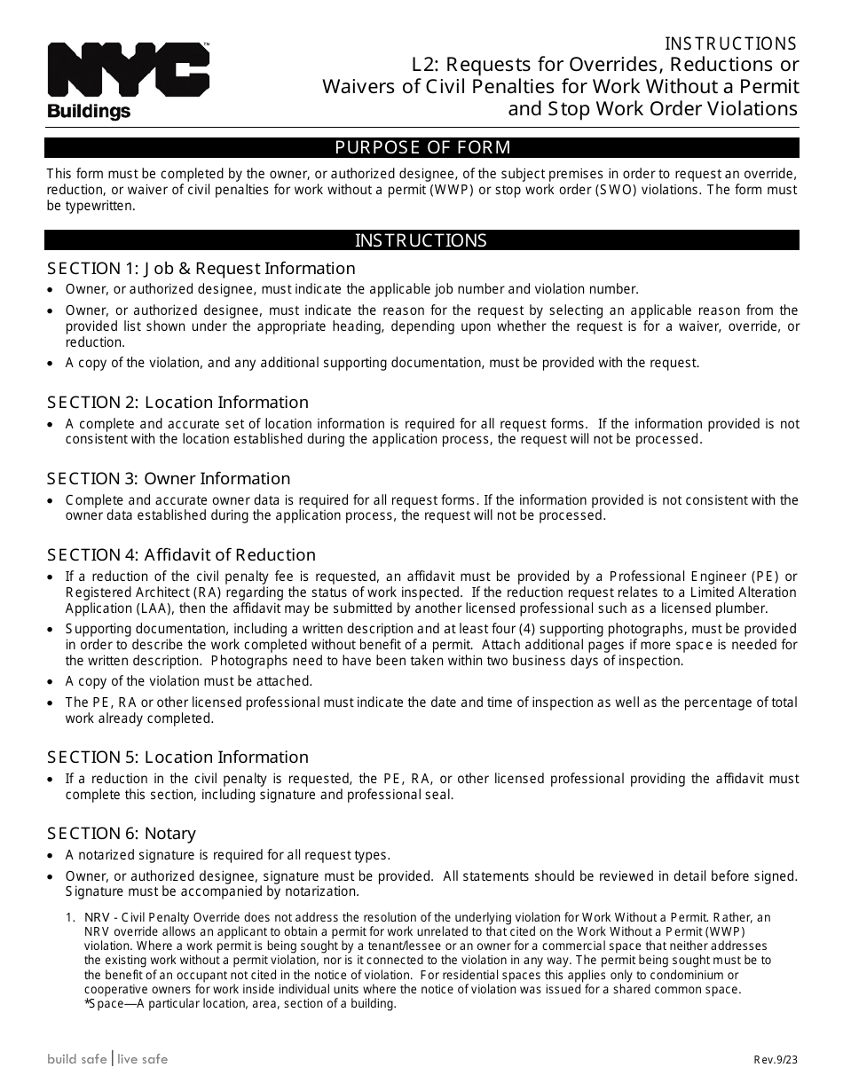 Instructions for Form L2 Requests for Overrides, Reductions or Waivers of Civil Penalties for Work Without a Permit and Stop Work Order Violations - New York City, Page 1