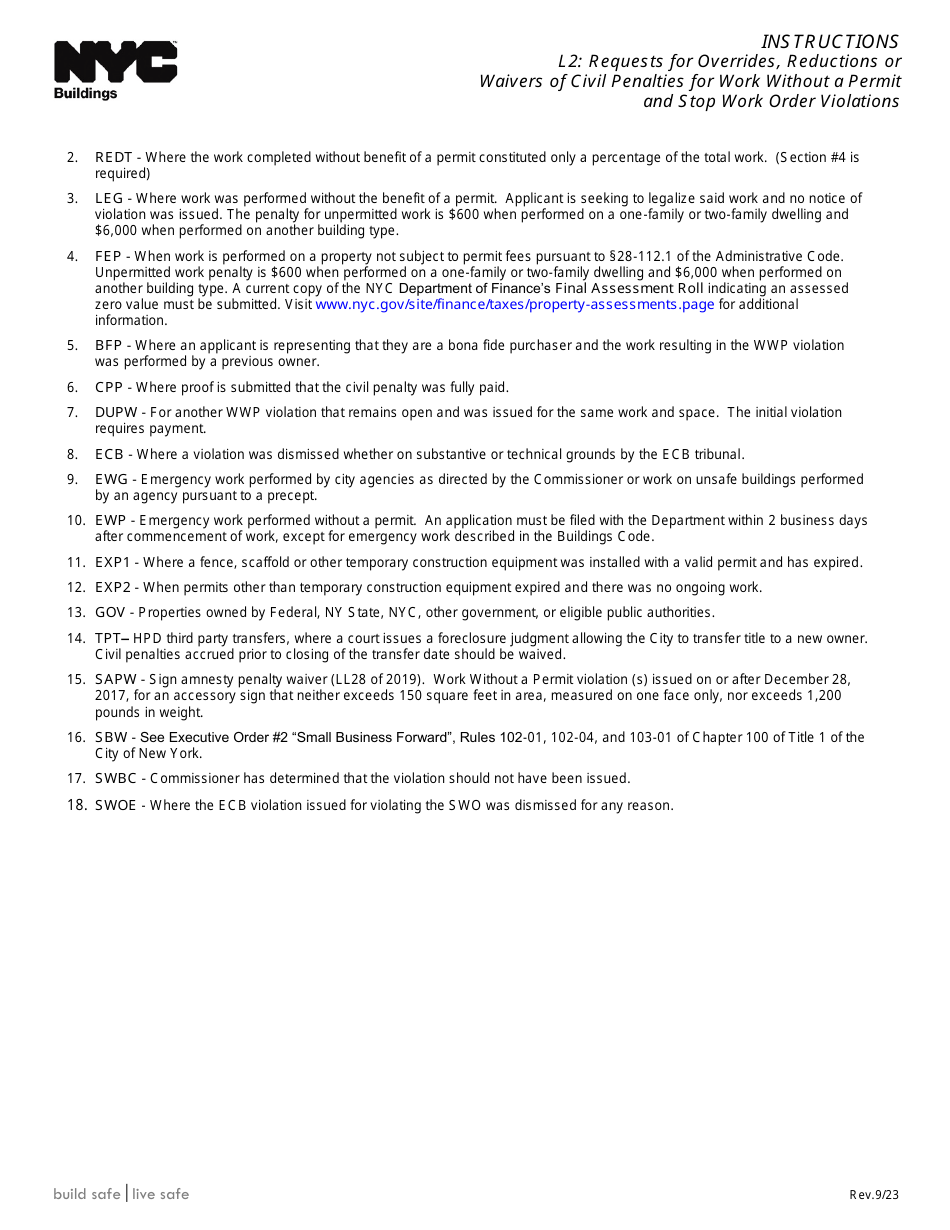 Instructions for Form L2 Requests for Overrides, Reductions or Waivers of Civil Penalties for Work Without a Permit and Stop Work Order Violations - New York City, Page 2