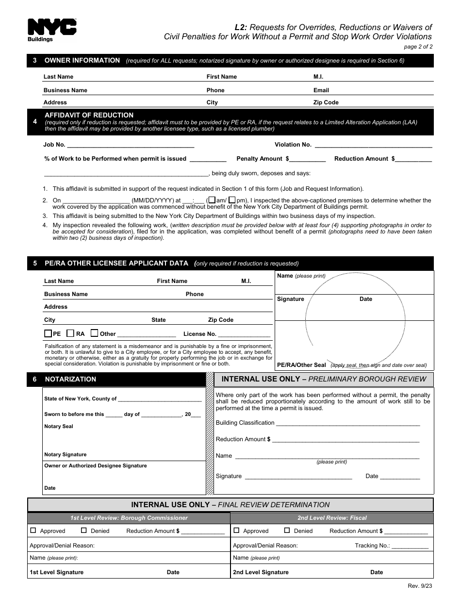 Form L2 Requests for Overrides, Reductions or Waivers of Civil Penalties for Work Without a Permit and Stop Work Order Violations - New York City, Page 2