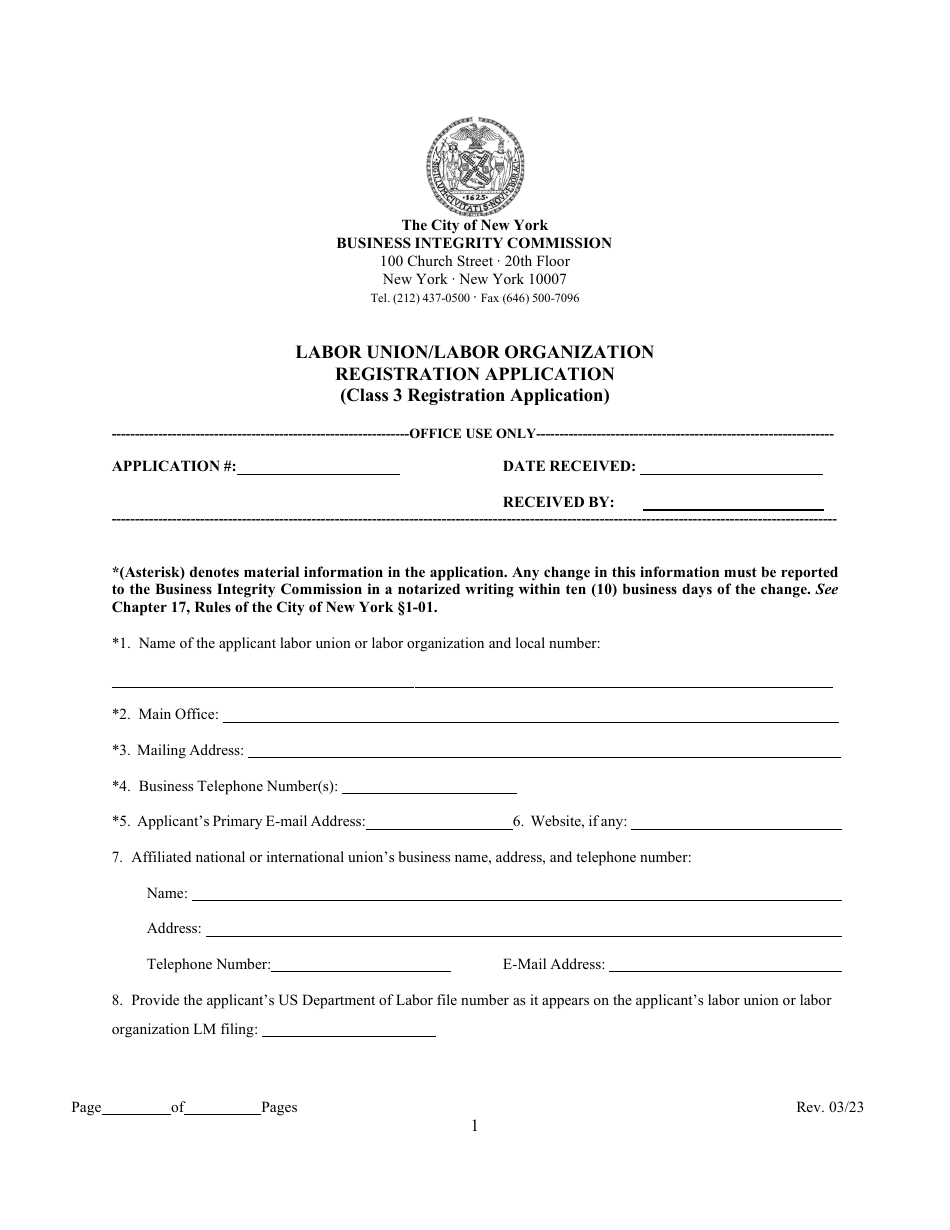 Class 3 Labor Union or Labor Organization Registration Application - New York City, Page 5