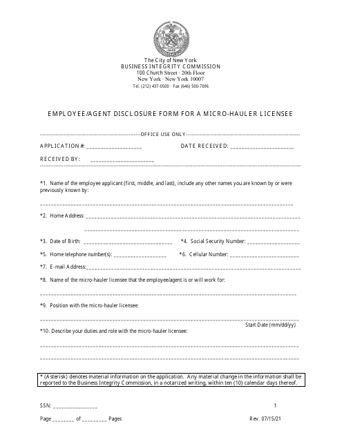 Employee / Agent Disclosure Form for a Micro-hauler Licensee - New York City Download Pdf