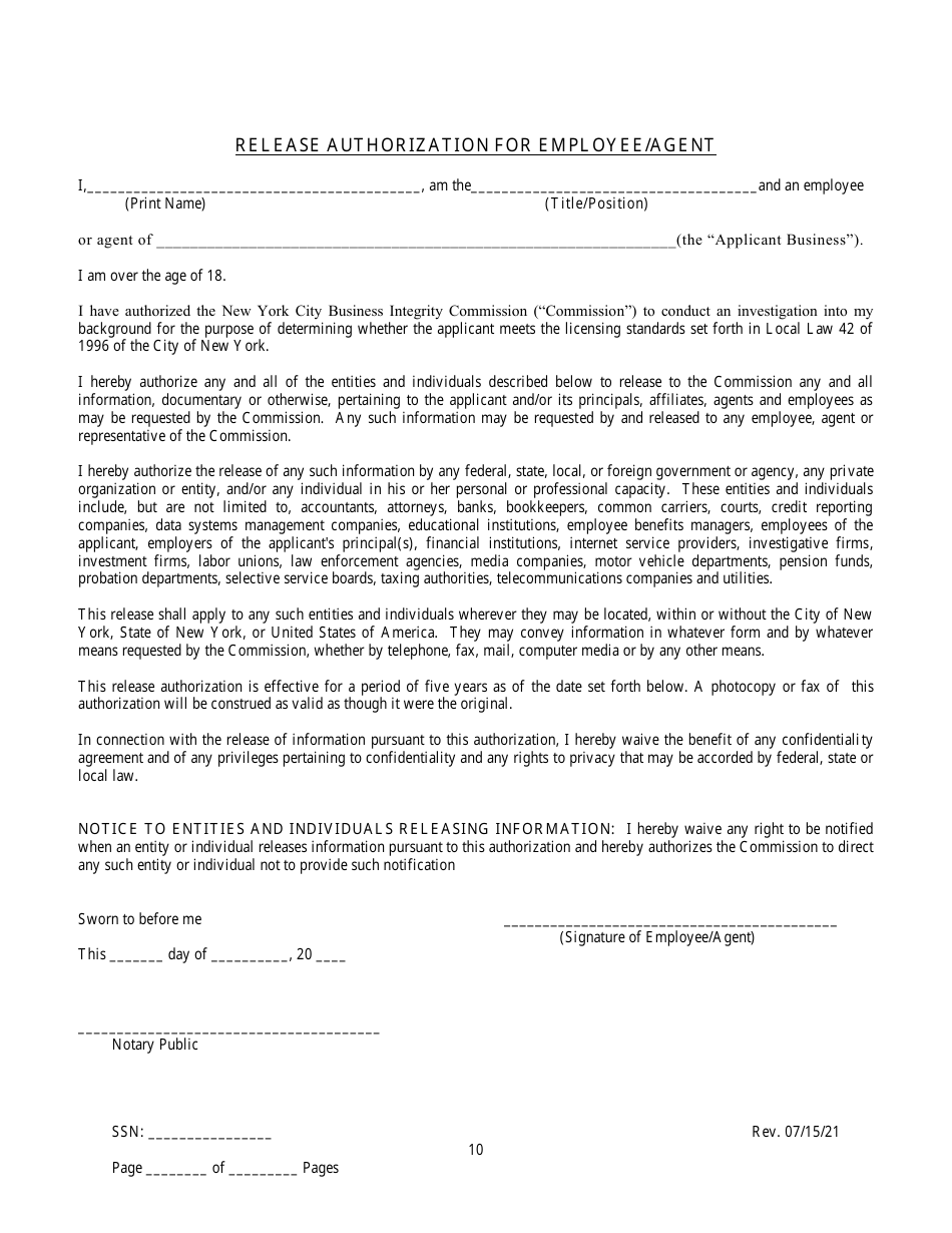 Employee / Agent Disclosure Form for a Micro-hauler Licensee - New York City, Page 10