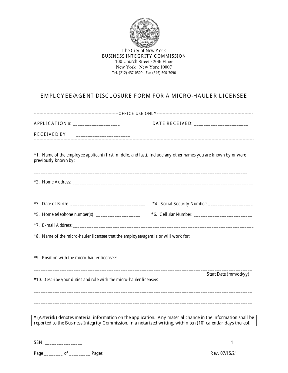 Employee / Agent Disclosure Form for a Micro-hauler Licensee - New York City, Page 1