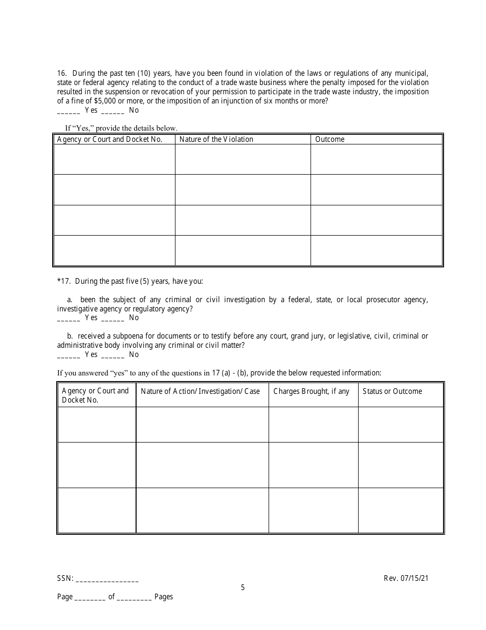 Employee / Agent Disclosure Form for a Micro-hauler Licensee - New York City, Page 5