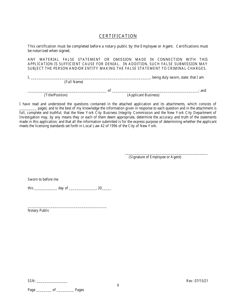 Employee / Agent Disclosure Form for a Micro-hauler Licensee - New York City, Page 9
