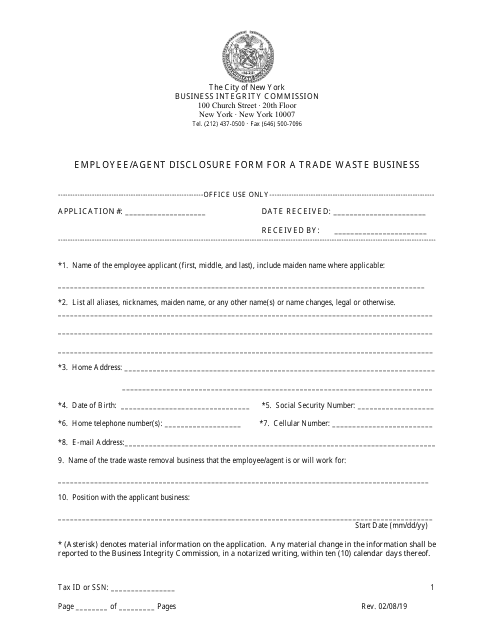 Employee/Agent Disclosure Form for a Trade Waste Business - New York City
