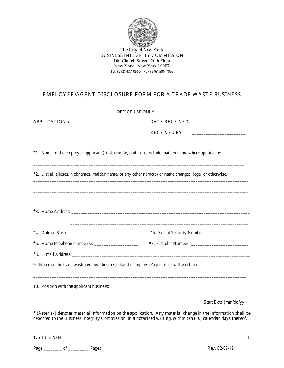 Employee / Agent Disclosure Form for a Trade Waste Business - New York City, Page 1