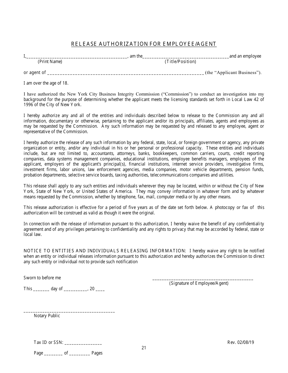 Employee / Agent Disclosure Form for a Trade Waste Business - New York City, Page 21
