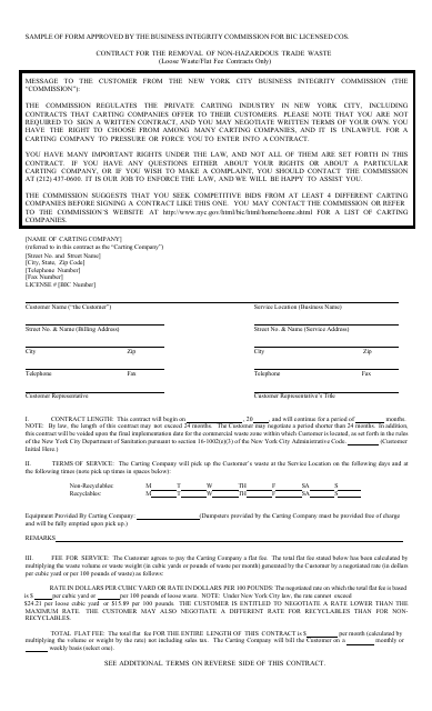Contract for the Removal of Non-hazardous Trade Waste (Loose Waste / Flat Fee Contracts Only) - New York City Download Pdf
