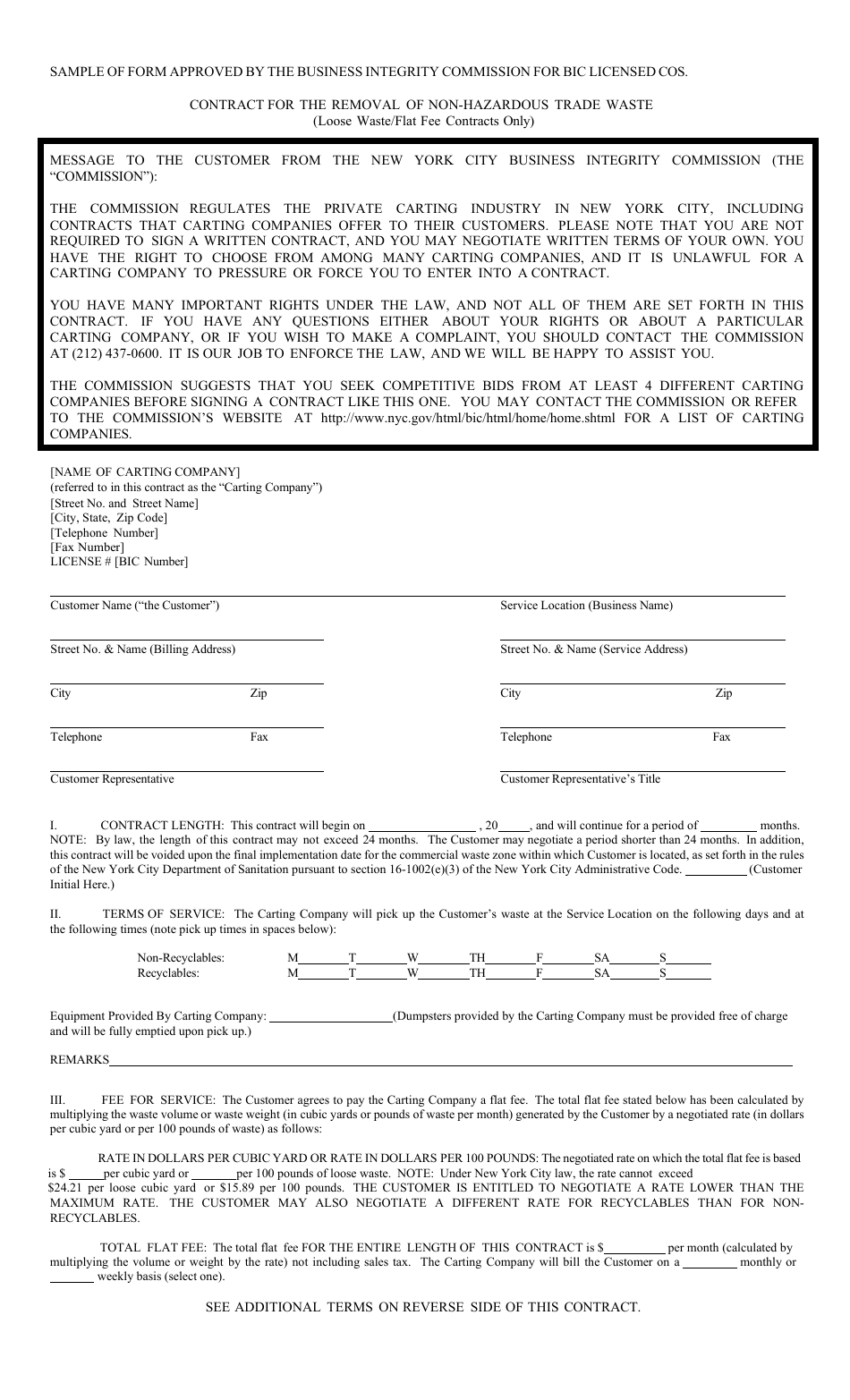 Contract for the Removal of Non-hazardous Trade Waste (Loose Waste / Flat Fee Contracts Only) - New York City, Page 1