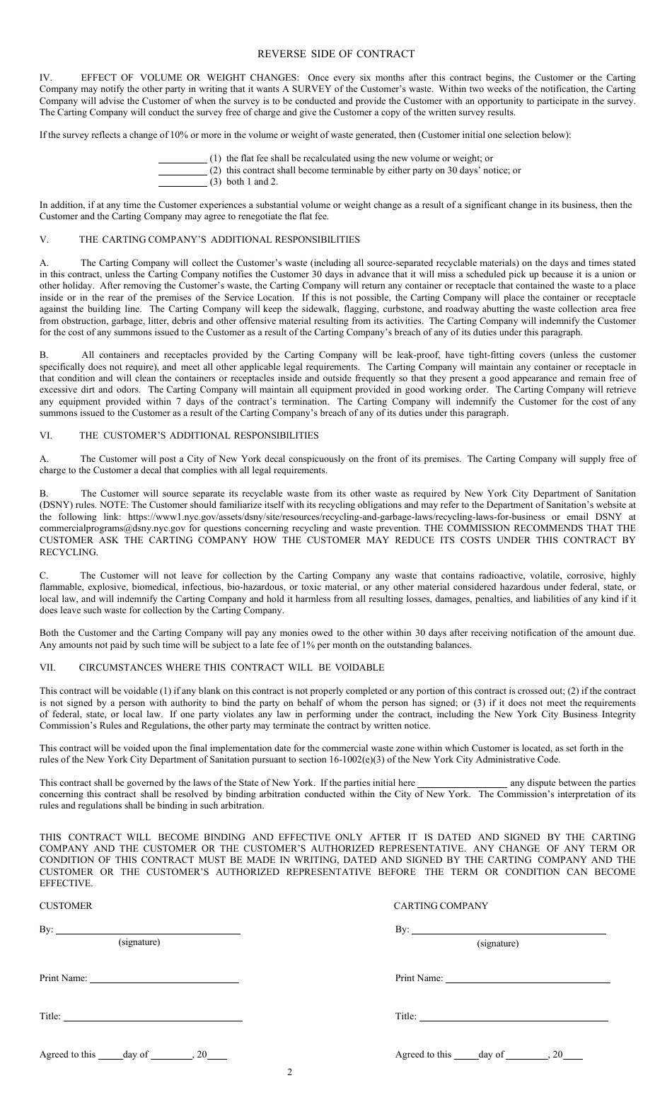 Contract for the Removal of Non-hazardous Trade Waste (Loose Waste / Flat Fee Contracts Only) - New York City, Page 2