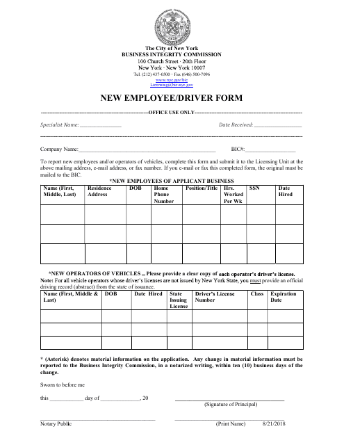 New Employee / Driver Form - New York City Download Pdf