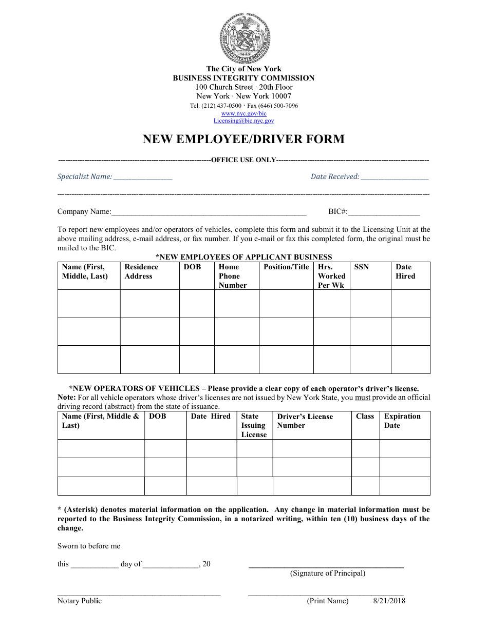 New Employee / Driver Form - New York City, Page 1