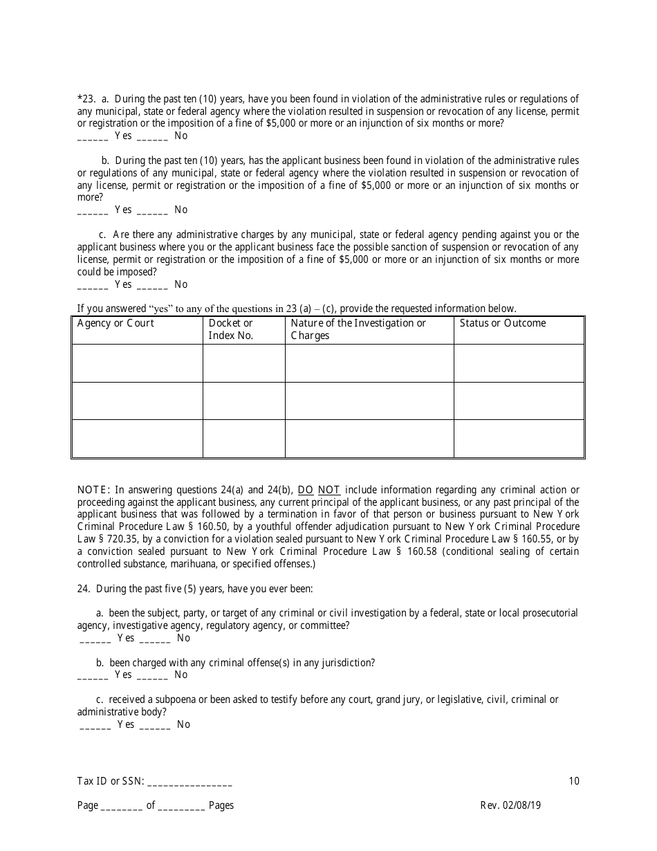 Disclosure Form for Principal of a Trade Waste Business - New York City, Page 10