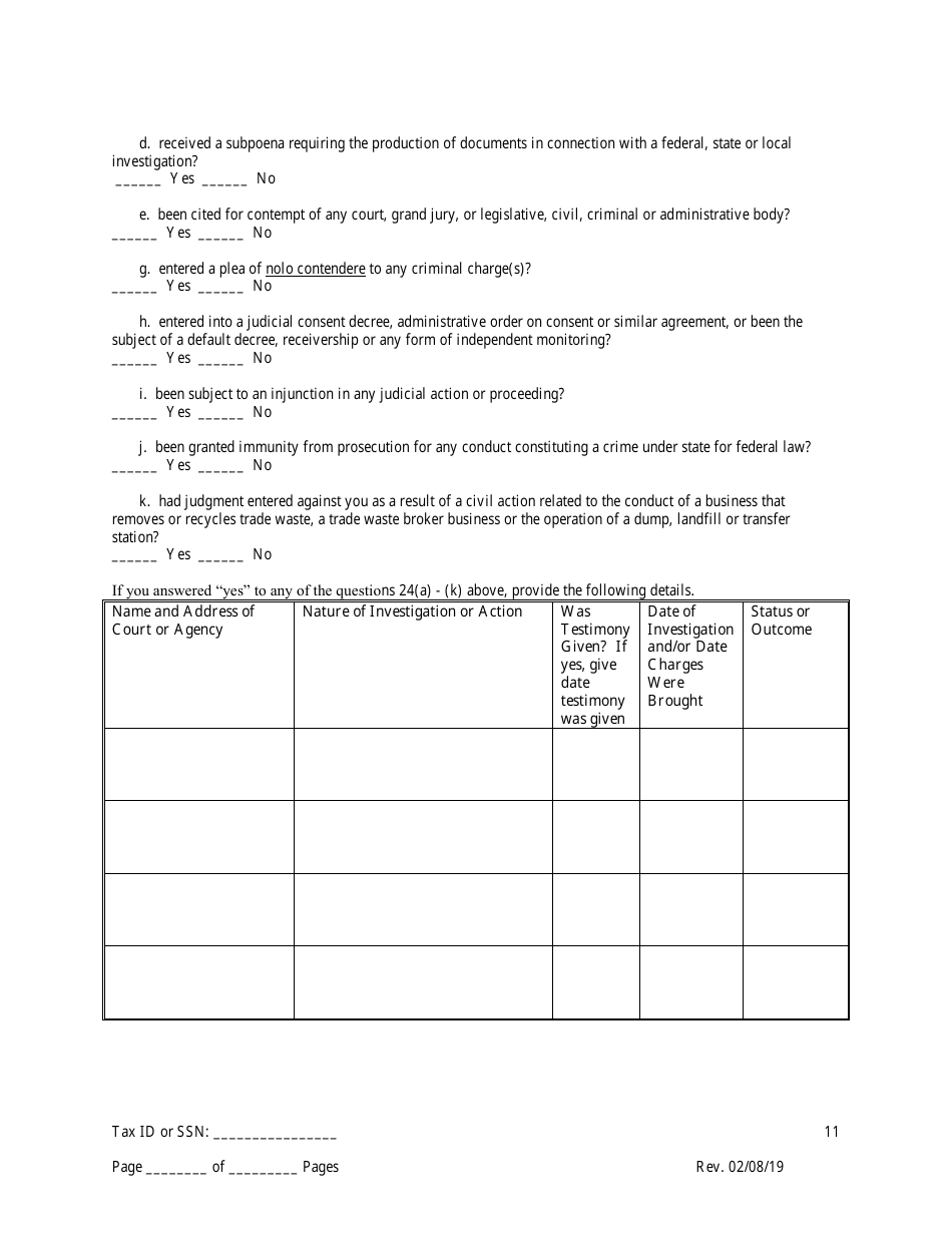 Disclosure Form for Principal of a Trade Waste Business - New York City, Page 11