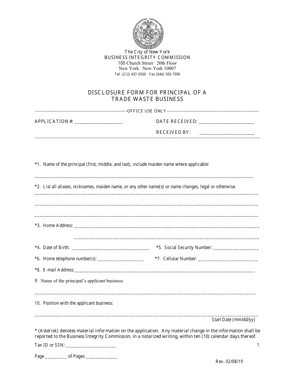 Disclosure Form for Principal of a Trade Waste Business - New York City, Page 1