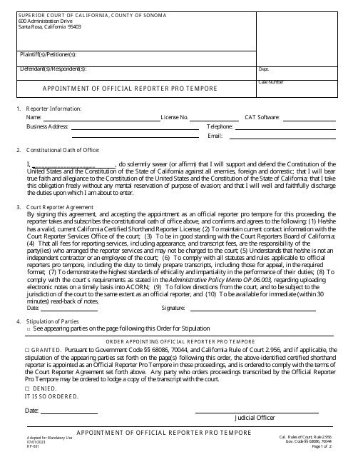 Form RP-001 Appointment of Official Reporter Pro Tempore - County of Sonoma, California