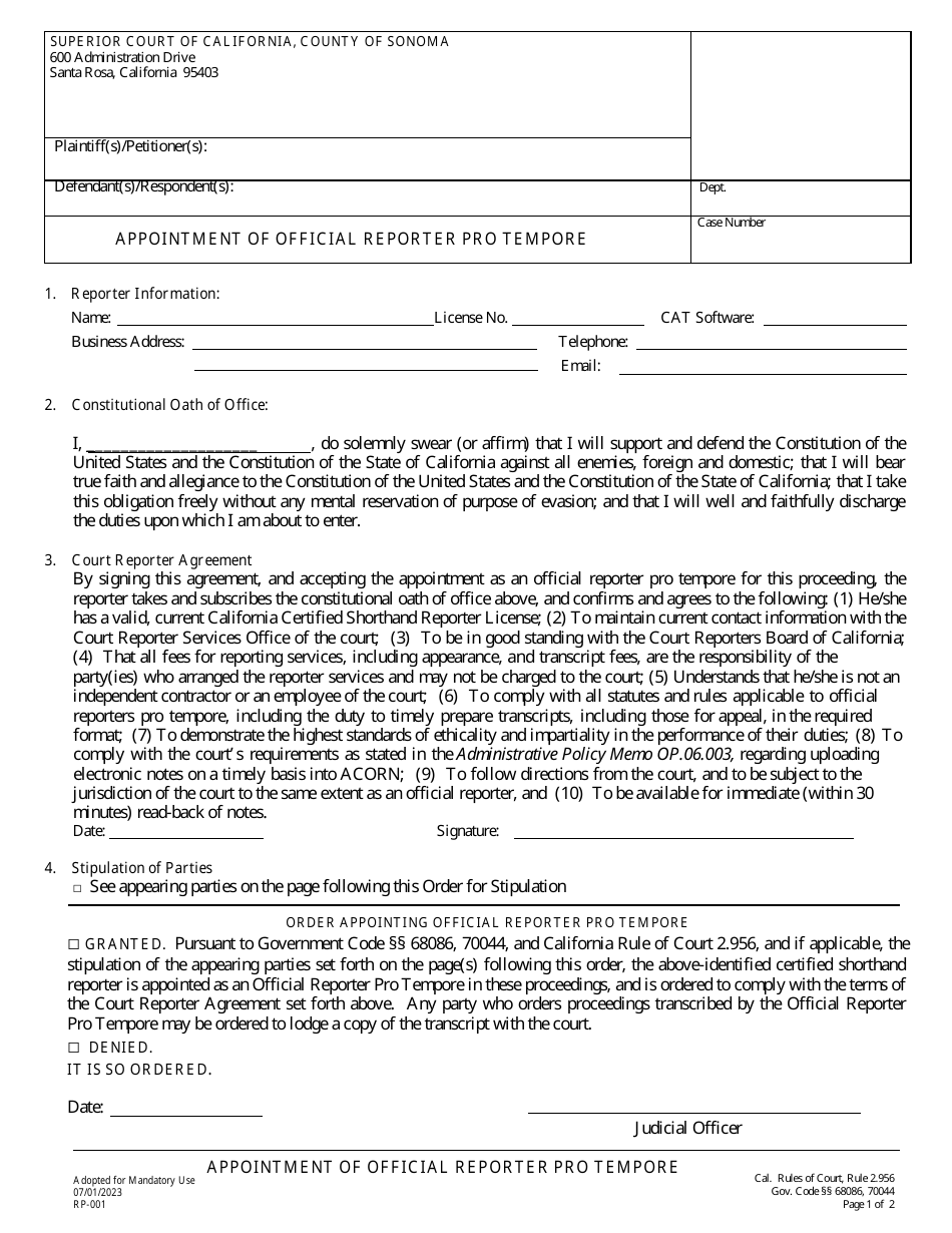 Form RP-001 Appointment of Official Reporter Pro Tempore - County of Sonoma, California, Page 1