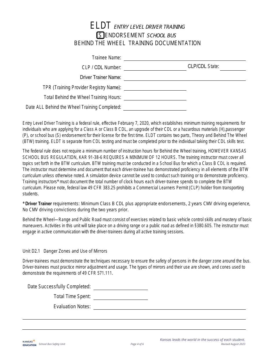 Eldt Behind the Wheel Training Documentation - P  S Endorsement - Kansas, Page 4
