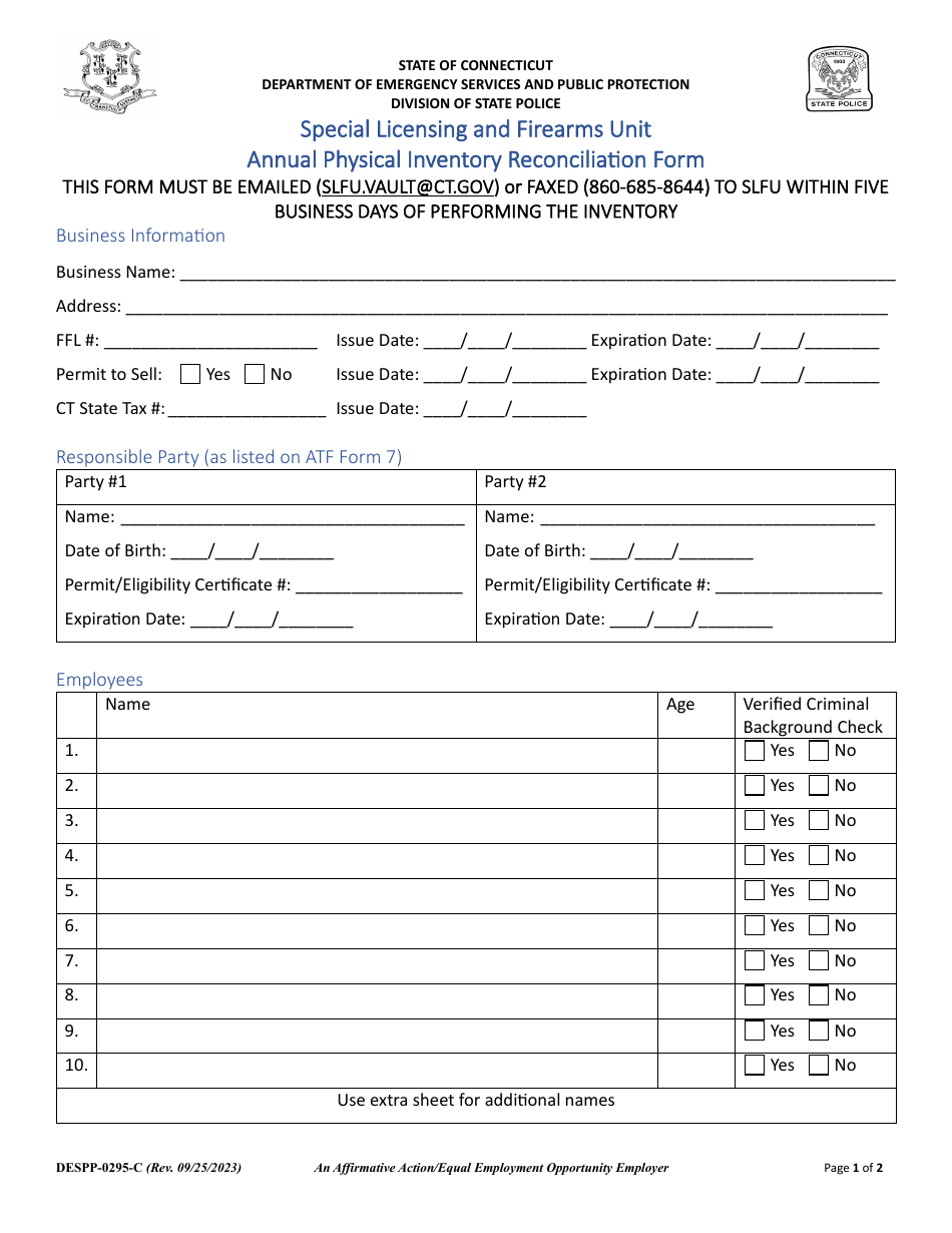 Form DESPP-0295-C Annual Physical Inventory Reconciliation Form - Connecticut, Page 1