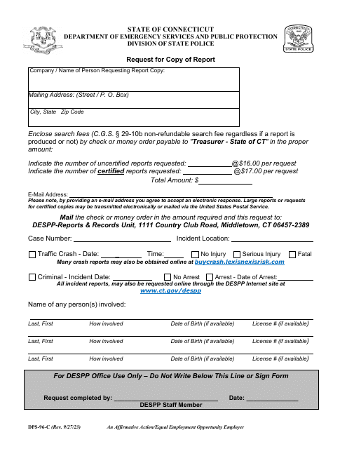 Form DPS-96-C Request for Copy of Report - Connecticut