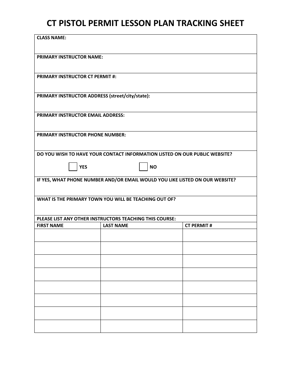 Ct Pistol Permit Lesson Plan Tracking Sheet - Connecticut, Page 1