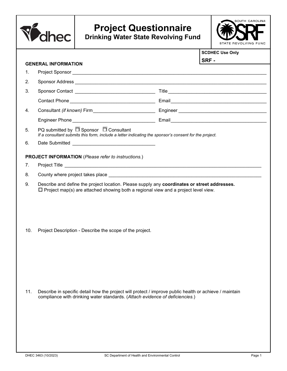 DHEC Form 3463 Drinking Water State Revolving Fund Project Questionnaire - South Carolina, Page 1