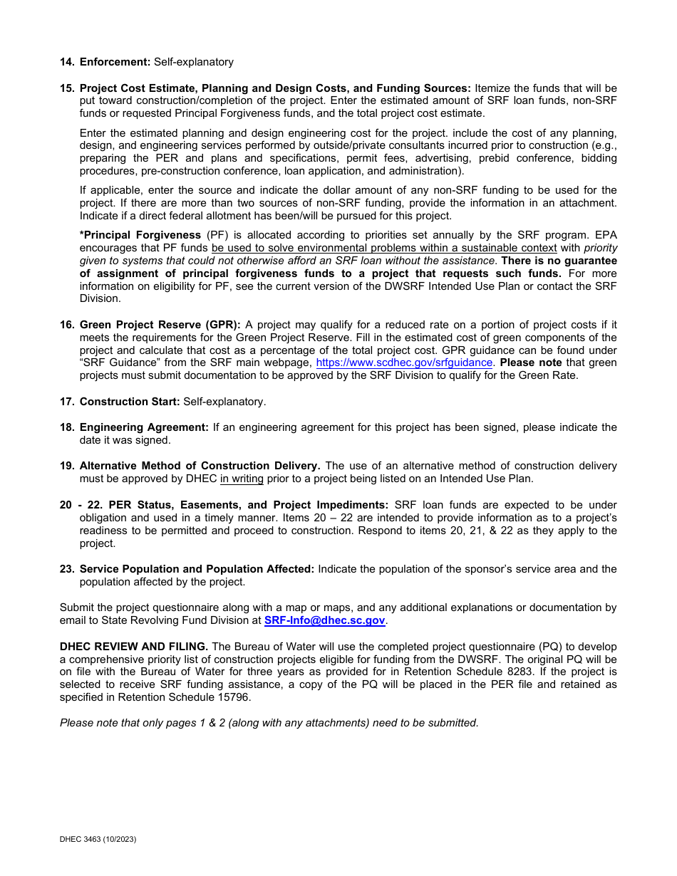 DHEC Form 3463 Drinking Water State Revolving Fund Project Questionnaire - South Carolina, Page 4