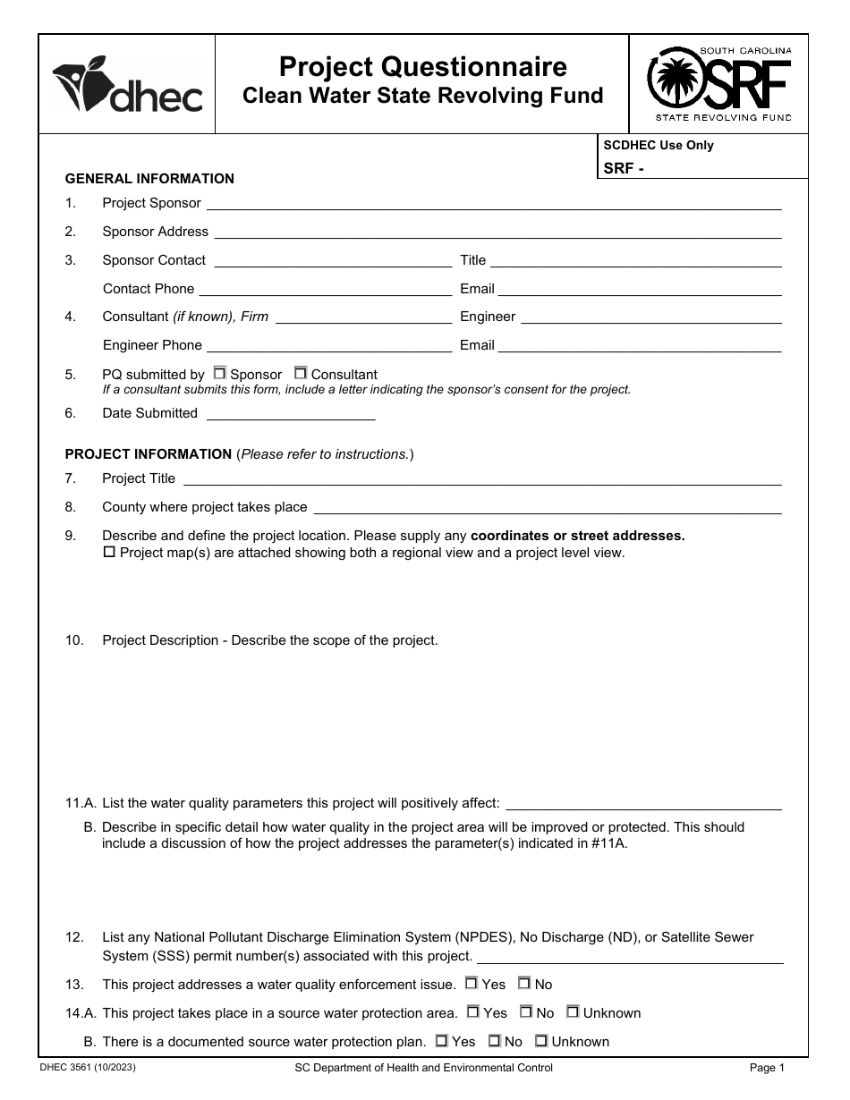 DHEC Form 3561 Clean Water State Revolving Fund Project Questionnaire - South Carolina, Page 1