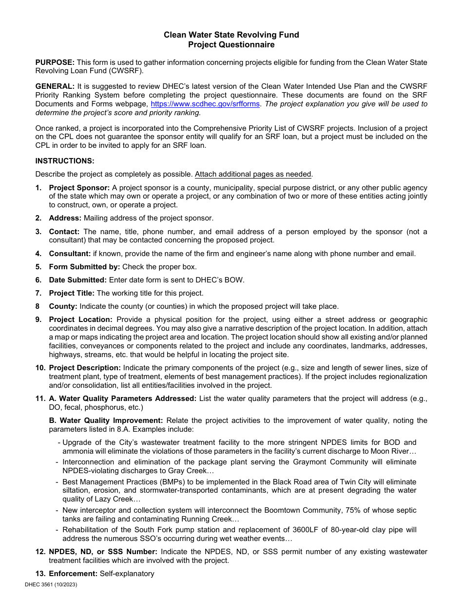 DHEC Form 3561 Clean Water State Revolving Fund Project Questionnaire - South Carolina, Page 3