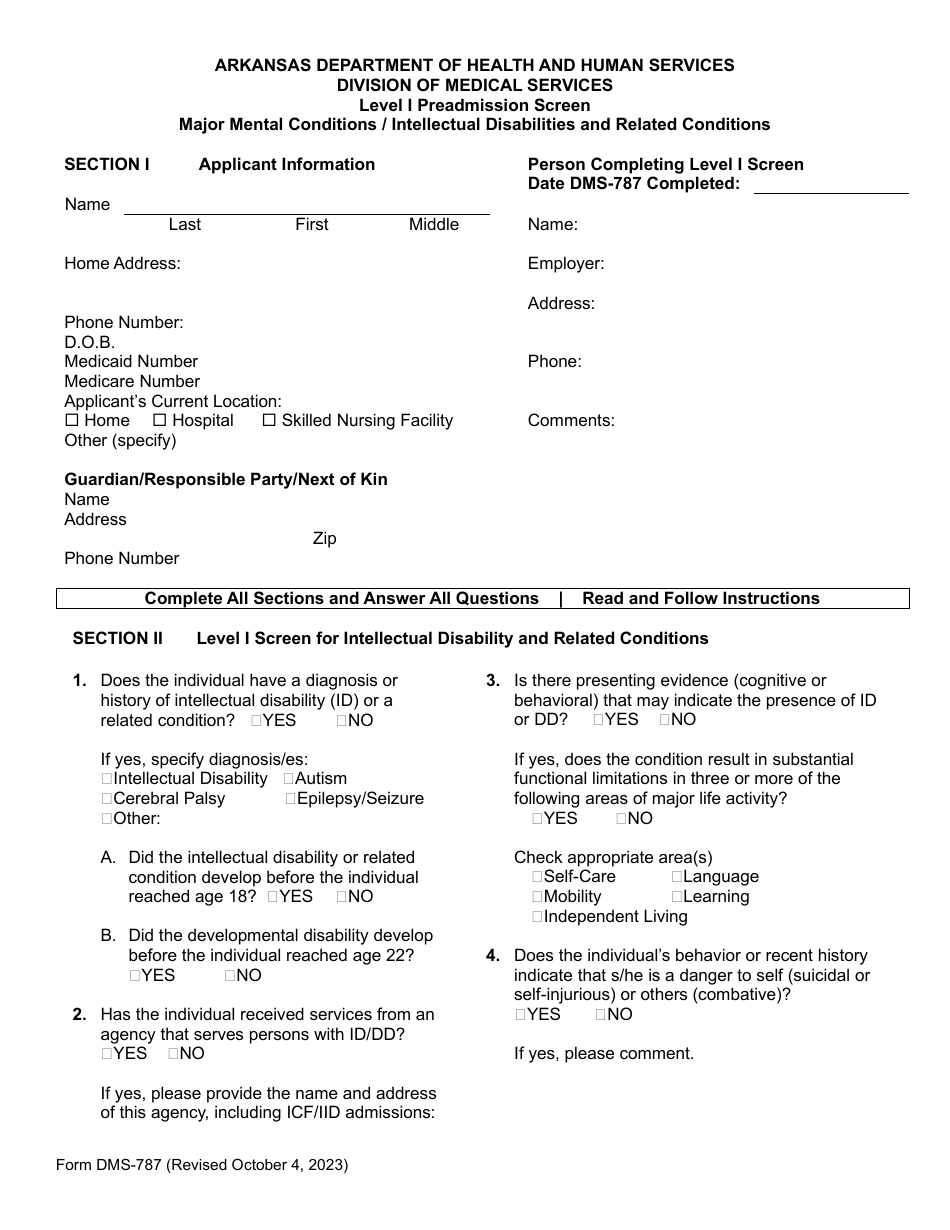 Form DMS-787 Level I Preadmission Screen - Major Mental Conditions / Intellectual Disabilities and Related Conditions - Arkansas, Page 1