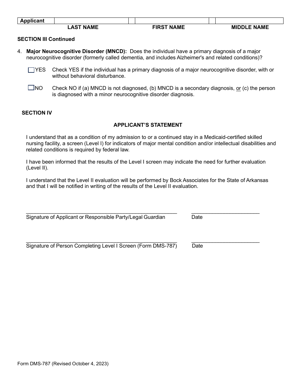 Form DMS-787 Level I Preadmission Screen - Major Mental Conditions / Intellectual Disabilities and Related Conditions - Arkansas, Page 3