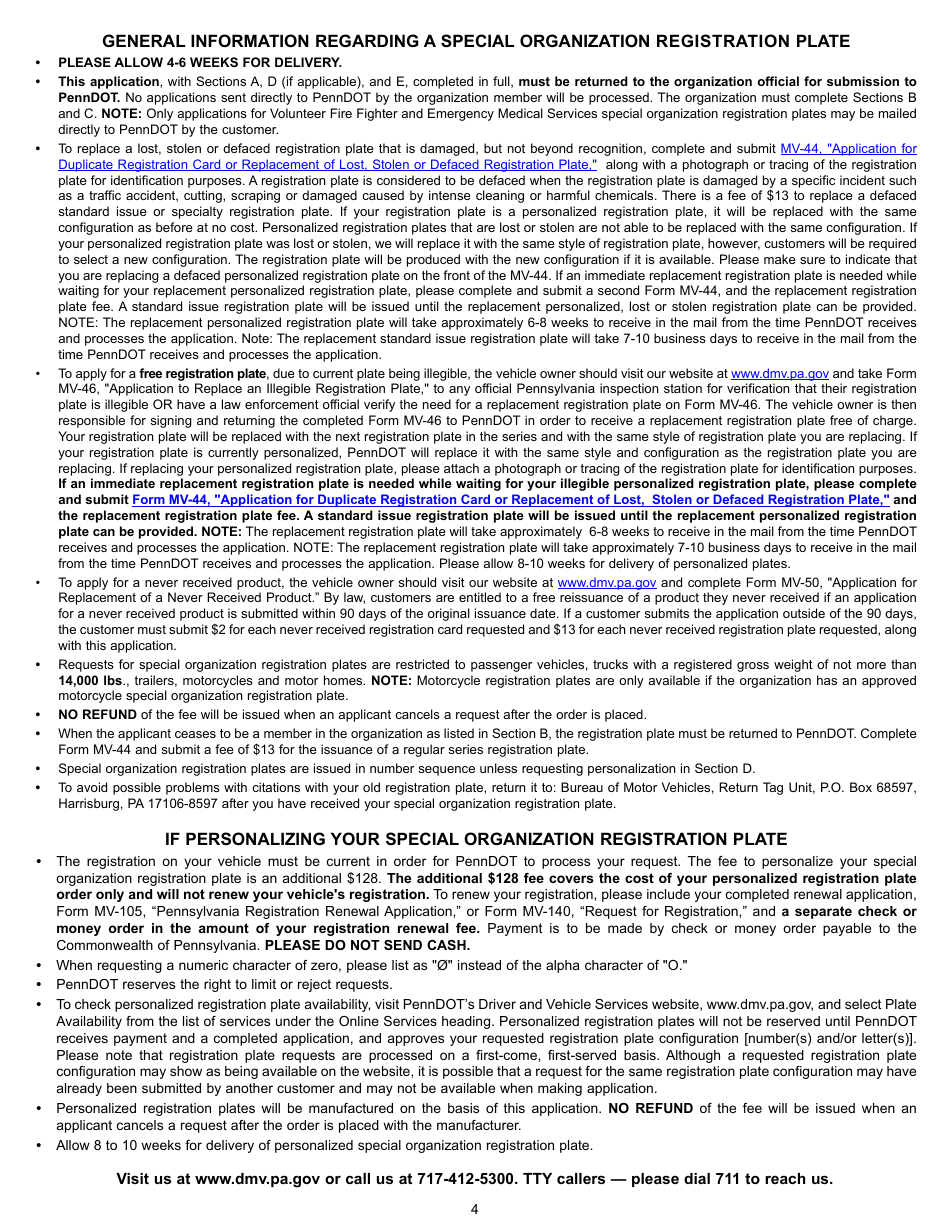 Form MV-904SP Application for Special Organization Registration Plate - Hunting Heritage License Plate - Pennsylvania, Page 4